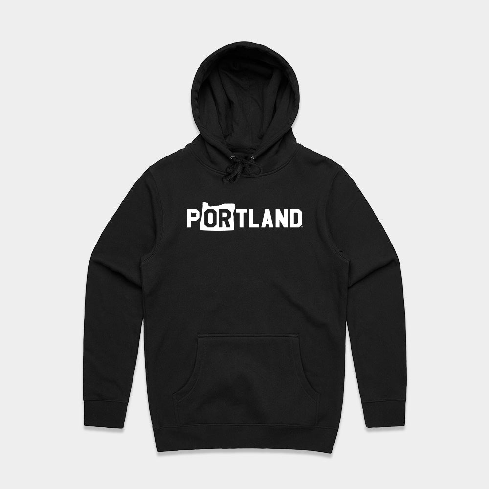 The Soft-Blend Rise Hoodie is a black hoodie featuring "PORTLAND" in white lettering across the chest, creatively incorporating the shape of Oregon for the letter "O." This stylish piece also includes a front pocket and adjustable drawstrings at the hood, and is delivered in sustainable packaging.