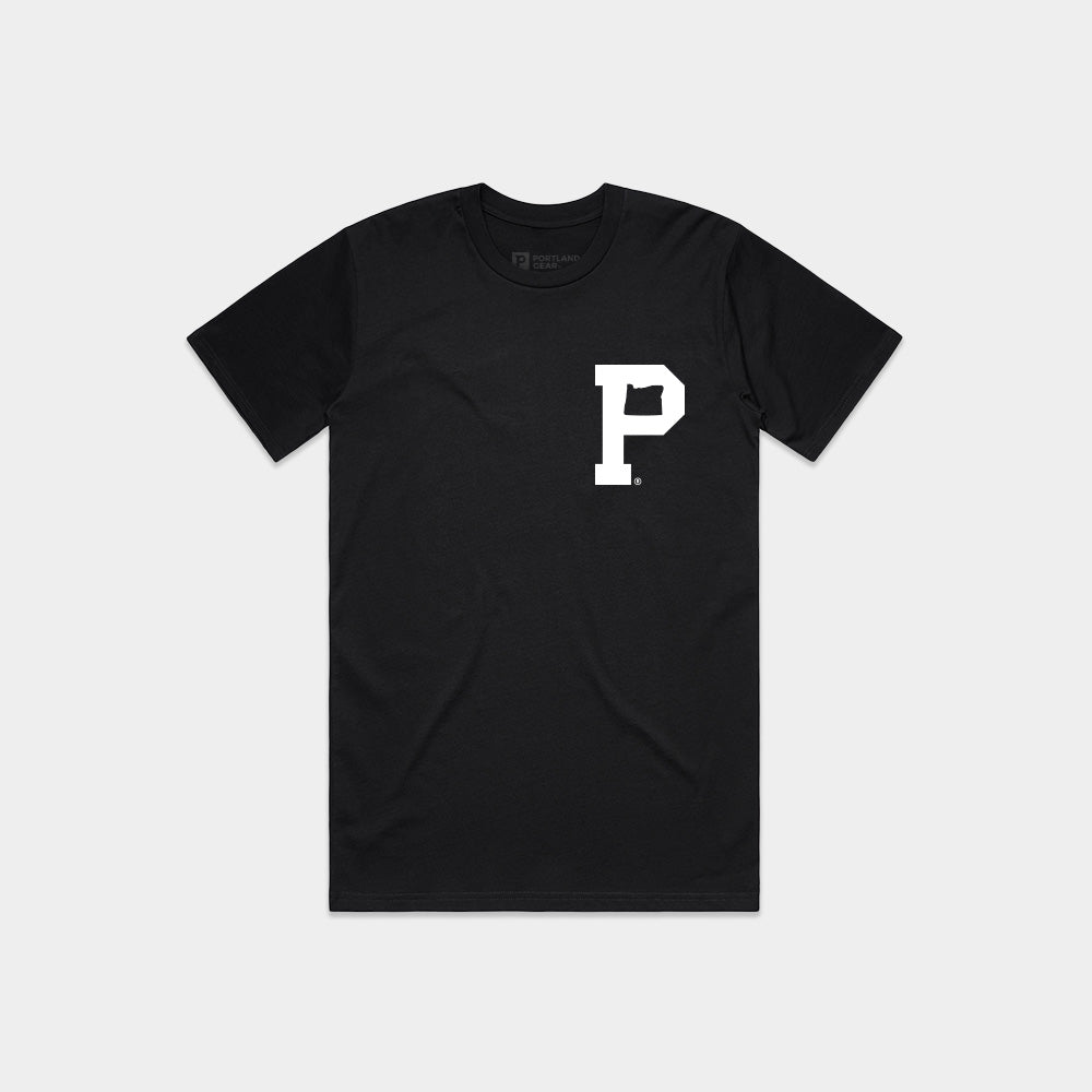 Introducing the Soft-Blend Rose City "P" Tee in Black, featuring a large, white letter "P" on the left side of the chest area. Displayed on a light gray background and emblazoned with our signature 🌹 City logo, this shirt is shipped in sustainable packaging.