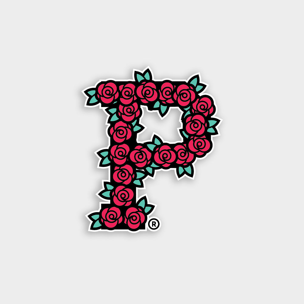 The "P" Sticker - Roses features a stylized letter "P" crafted from vibrant red roses with green leaves, set against a light gray background. The weather-resistant design merges floral elements to create an ornamental and visually appealing P logo.