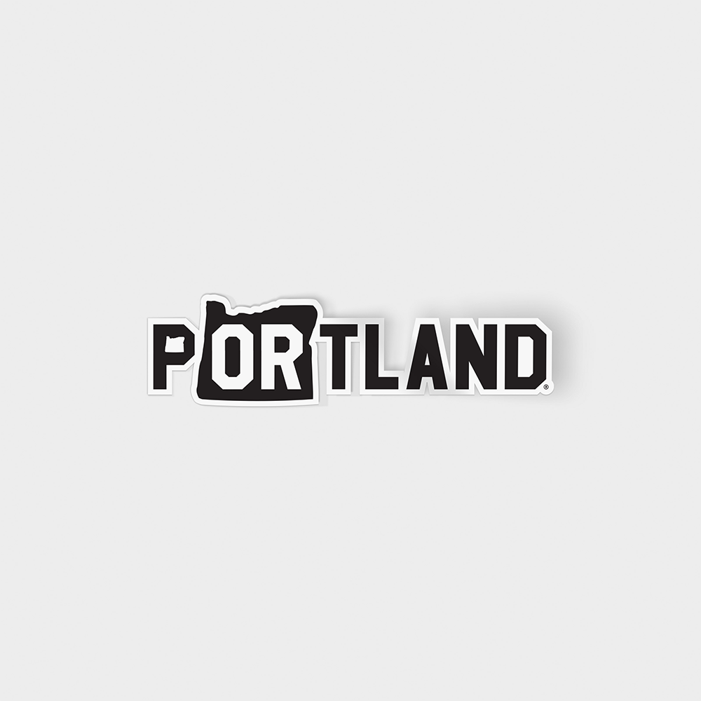 The Rise Sticker features the word "PORTLAND" in bold, black letters on a white background, with the letter "O" creatively replaced by the silhouette of the state of Oregon. Made from sustainable packaging materials, this weather-resistant sticker ensures long-lasting use.
