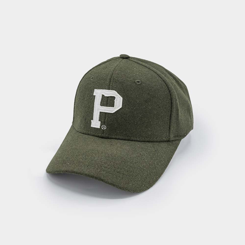 The Portland "P" Cap - Classic is a green baseball cap featuring a white, capital letter "P" embroidered on the front and has a vintage strap hat design, displayed on a plain white background.