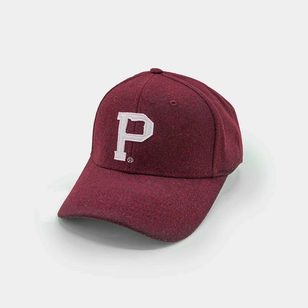 A maroon Portland "P" Cap - Classic, featuring a white embroidered "P" on the front, set against a plain white background. The cap is made from a wool-like material, has a curved brim, and showcases vintage strap hat detailing.