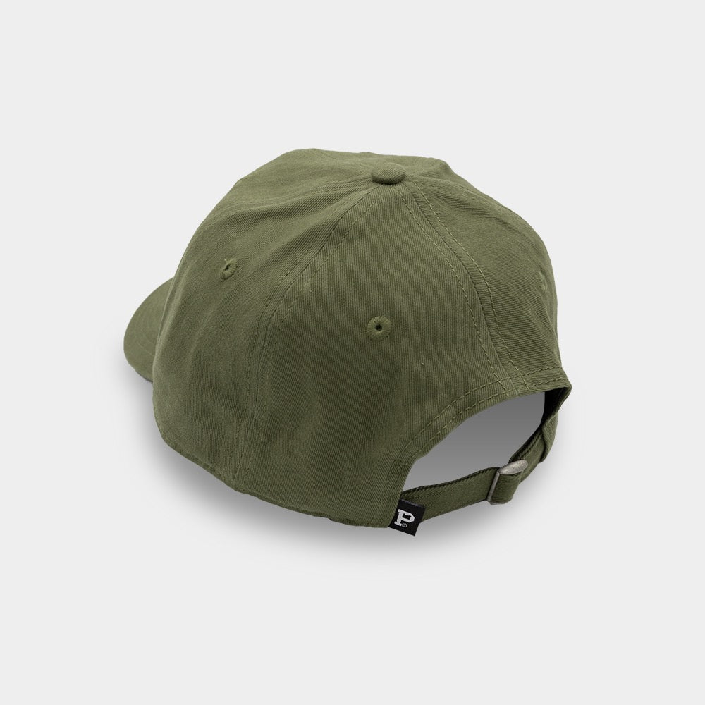 An olive green Dad Hat with a curved brim is shown from the back. The product features an adjustable fabric strap with a metal clasp and small, round ventilation holes on the panels. The background is plain white.
