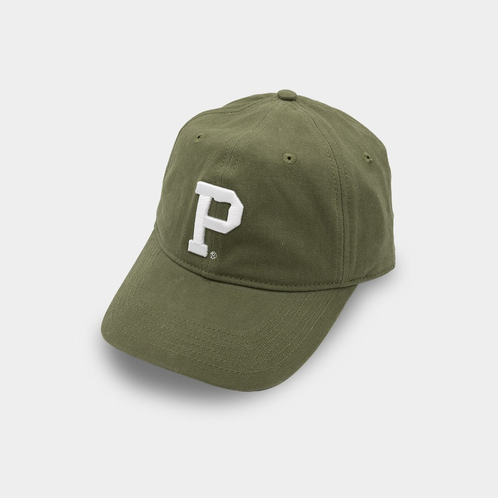 The Dad Hat - Classic is an olive green, cotton cap with a white embroidered letter "P" on the front. It features an unstructured crown, a curved brim, and six panels.