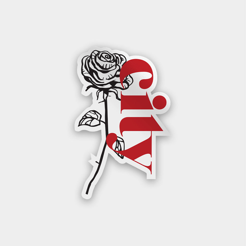A black and white line illustration of a rose, with the stem and leaves extending downward. The word "city" in bold red letters is vertically aligned next to the rose, with the "c" at the top and the "y" at the bottom. This Rose City Sticker is perfect for sustainable packaging and weather-resistant applications.