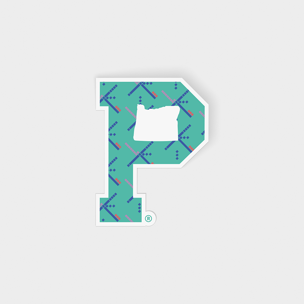 Product Data:
P Sticker - PDX Carpet
Sentence: The "P" Sticker - PDX Carpet features a stylized letter "P" adorned with a colorful array of blue, purple, and red geometric shapes. Inside the letter is a white silhouette of the state of Oregon against a plain white background. Ideal for both indoor and outdoor settings, it is packaged sustainably.