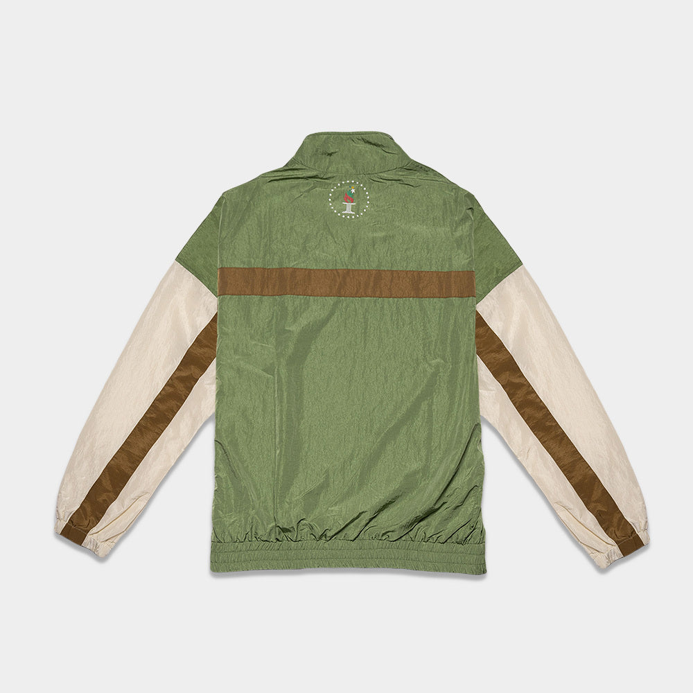 Back view of the Olympic Summit Track Jacket, a lightweight piece inspired by the 2024 Olympics. It features a green torso with a horizontal brown stripe and beige sleeves adorned with brown stripes. The jacket has a high collar and a small circular logo on the upper back.