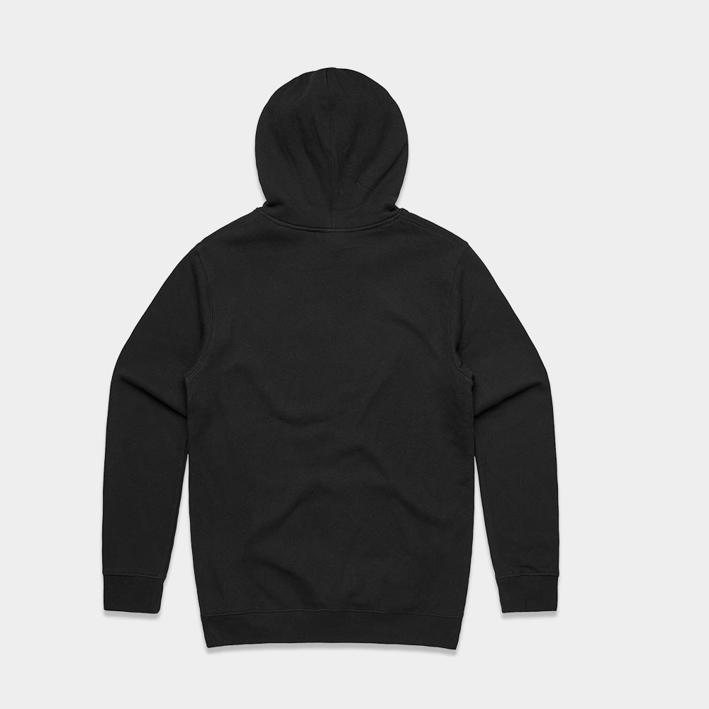 A Soft-Blend Rise Hoodie in black is displayed on a plain white background. The hoodie is shown from the back, emphasizing its straightforward design featuring a hood and long sleeves. The material looks soft and comfortable, making it ideal for casual wear, and it arrives in sustainable packaging.