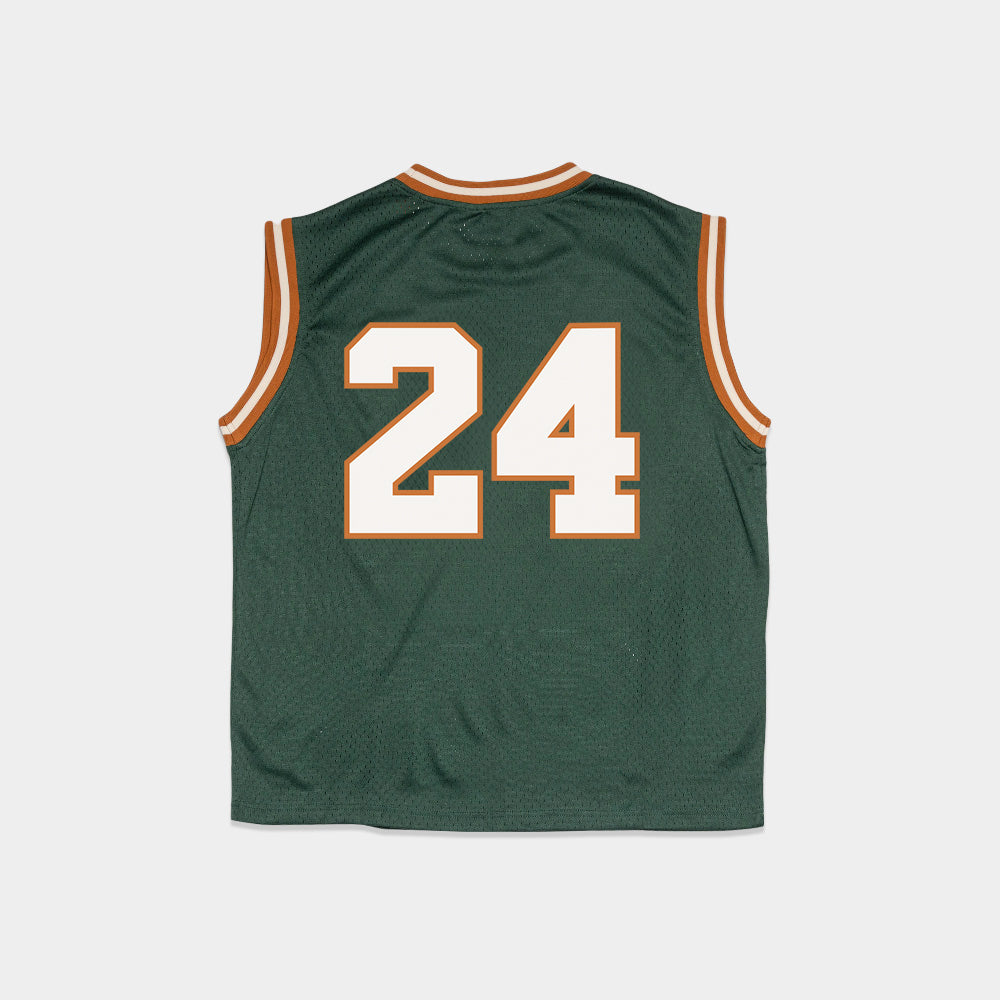 The Olympic Mesh Jersey is displayed with the number "24" in large white font outlined in yellow on the back. The collar and armholes are trimmed with white and yellow stripes. The 2024 Olympic-inspired, sleeveless green jersey is laid flat against a plain white background.