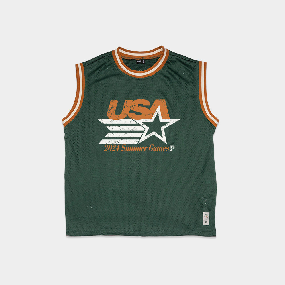 A green Olympic Mesh Jersey, designed sleeveless with orange and white stripes along the collar and armholes. The front showcases a bold graphic featuring "USA," a star and stripes design, and the text "2024 Summer Games," ideal for any 2024 Olympic-themed event.