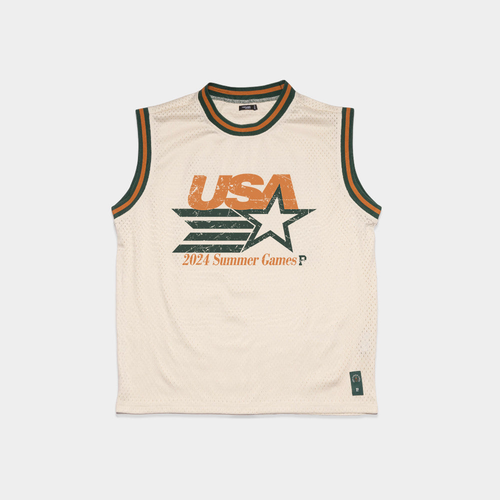 Introducing the Olympic Mesh Jersey: a sleeveless sports jersey adorned with "USA" in prominent text above a star and stripes design, inspired by the 2024 Olympics. Below the design, "2024 Summer Games" is elegantly written. This USA-themed mesh jersey features a white base with green and orange accents on the collar and armholes.