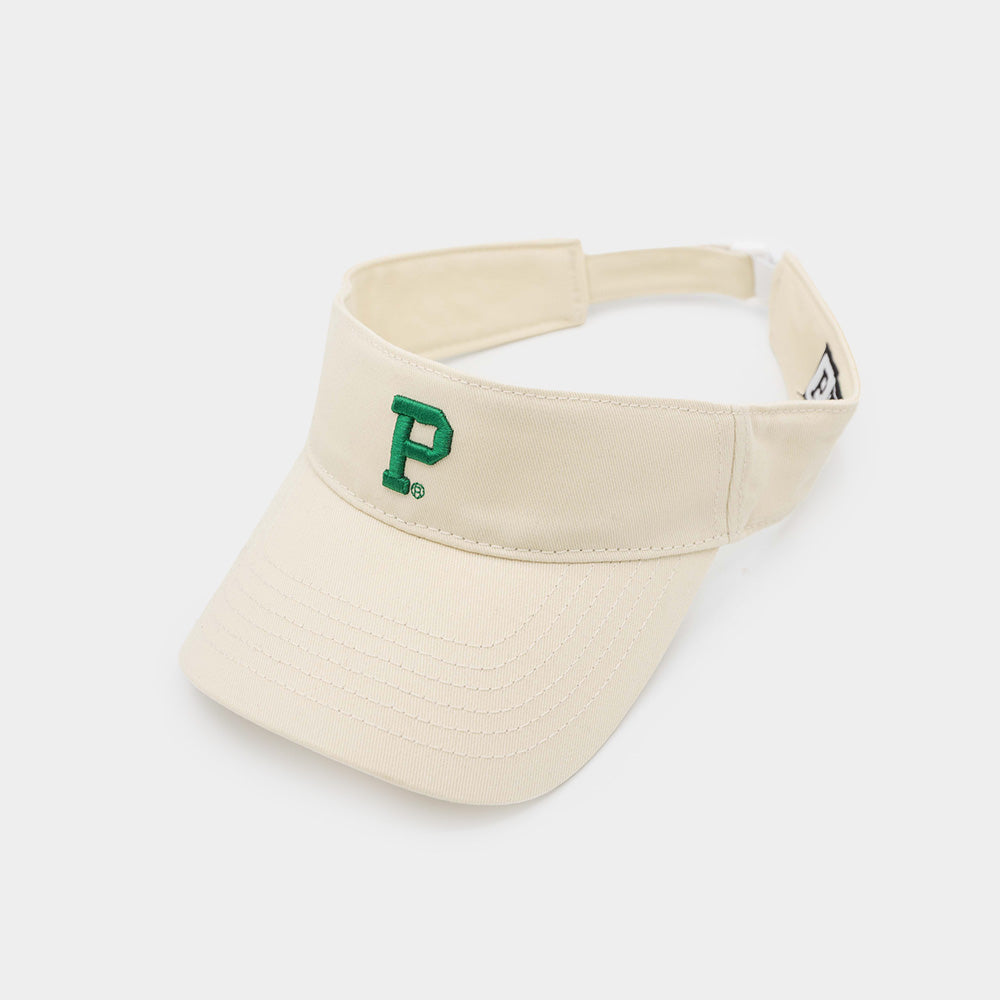 The Court Visor is a beige pickleball visor featuring an embroidered green letter "P" on the structured front. It includes a curved brim and an adjustable strap at the back and comes packaged in sustainable materials.