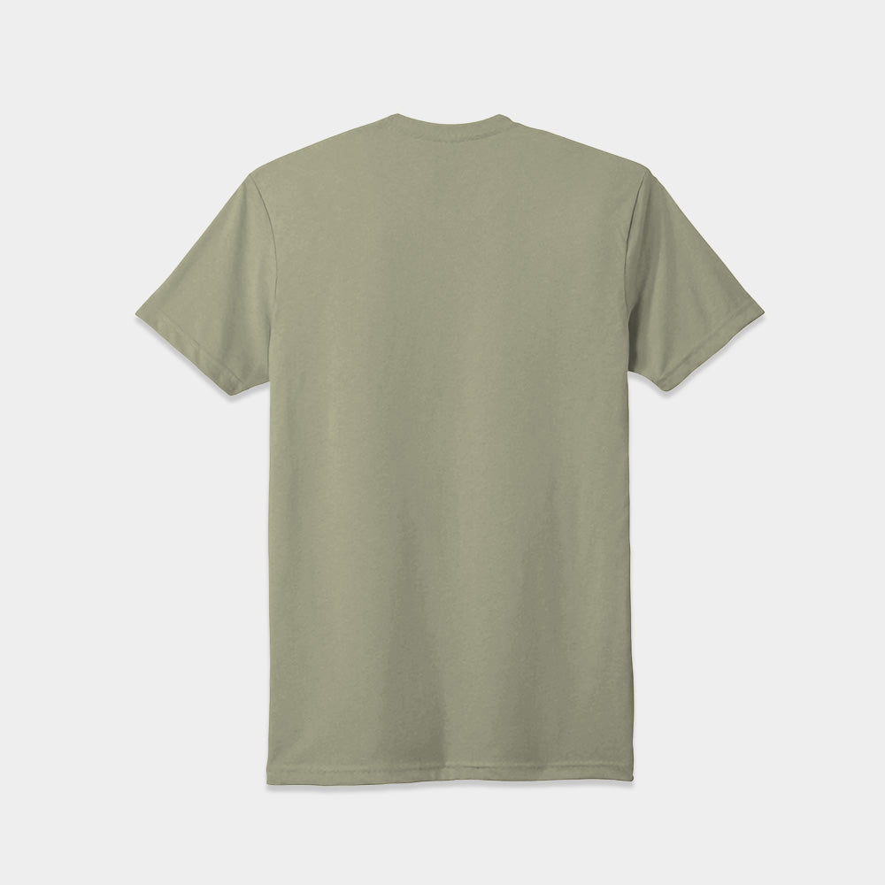 A plain, olive green Soft-Blend Coastal Tee is displayed on a white background, shown from the back. This unisex shirt features short sleeves and a round neckline with a simple, clean design. It comes in sustainable packaging.